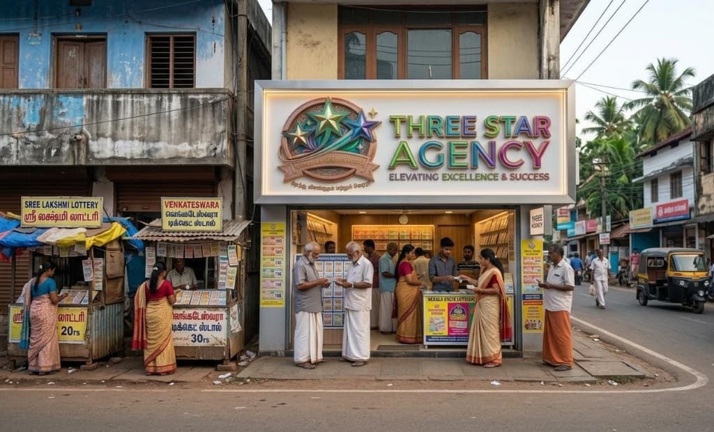 3 Star Lottery Agency storefront in Thrissur, Kerala